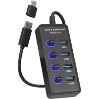 Nuvance Usb Hub - 3.0 – 4 Poorten - Usb Splitter – USB C Hub/Adapter - Universeel - Aan/Uit Switch - met Licht - Zwart