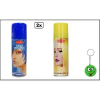 Goodmark 2x Haarverf/haarspray geel en blauw 125 ml - Smiley - Festival thema feest carnaval haar kleurspray party