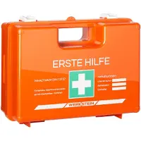 WERKSTEIN EHBO koffer met inhoud volgens de nieuwe DIN 13157:2021 - EHBO doos inclusief praktische muurbeugel, 5x stickers & zegel - EHBO set opbergbox voor bedrijven, instellingen en thuis