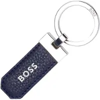 BOSS Sleutelhanger met logo van marineblauw generfd leer en messing