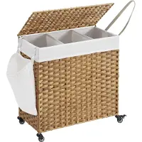Songmics Wasmand 3 vakken - Wasmand - Wasmand met deksel - Riet - Duurzaam - 140L