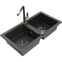 Mexen Mario granieten spoelbak 2-kamer met keukenkraan Flora, zwart gespikkeld - 6504-76-670401-75-B