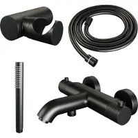 Brauer Black Carving opbouw baddouche thermostaatkraan SET 03 met wandhouder en staaf handdouche en doucheslang mat zwart