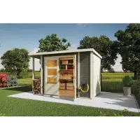 Karibu Tuinhuis, tuingericht, multifunctioneel, schuin dak met kast en uitbouw, kleur terragrau, afmetingen 300x186,5x196,5 cm