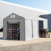 TOOLPORT Opslagtent 4x8m met ophijsbare deur - 3,0m zijwandhoogte, PVC 850, met grondframe, grijs, met statica - bodem aarde
