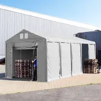 TOOLPORT Opslagtent 4x10m met ophijsbare deur - 3,0m zijwandhoogte, PVC 850, met grondframe, grijs, zonder statica (zekerheidspluspakket)
