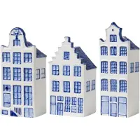 Heinen Delfts Blauw Huisjes decoratie - set van 3 - hoogte 14 cm - Delfts blauw - grachtenhuizen - Hollandse cadeautjes - Holland souvenir- relatiegeschenk - typisch Nederlands