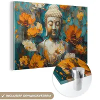 MuchoWow Glasschilderij 90x60 cm - Schilderij acrylglas - Buddha - Bloemen - Kleurrijk - Modern - Foto op glas - Muurdecoratie woonkamer - Wanddecoratie slaapkamer - Schilderijen