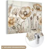 MuchoWow Glasschilderij 80x60 cm - Schilderij acrylglas - Bloemen - Beige - Natuur - Illustratie - Foto op glas - Muurdecoratie woonkamer - Wanddecoratie slaapkamer - Schilderijen