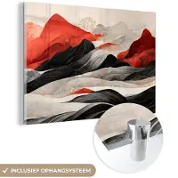 MuchoWow Glasschilderij 180x120 cm - Schilderij acrylglas - Kunst - Bergen - Rood - Wit - Zwart - Foto op glas - Muurdecoratie woonkamer - Wanddecoratie slaapkamer - Schilderijen