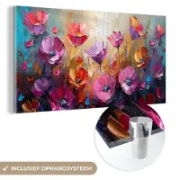 MuchoWow Glasschilderij 160x80 cm - Schilderij acrylglas - Bloemen - Paars - Kleurrijk - Handgeschilderd - Kunst - Foto op glas - Muurdecoratie woonkamer - Wanddecoratie slaapkamer - Schilderijen