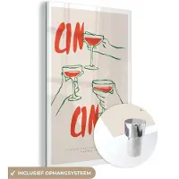 MuchoWow Glasschilderij 20x30 cm - Schilderij acrylglas - Cocktail glazen - Cin Cin - Rood - Abstract - Beige - Foto op glas - Muurdecoratie woonkamer - Wanddecoratie slaapkamer - Schilderijen