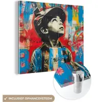 MuchoWow Glasschilderij 90x90 cm - Schilderij acrylglas - Graffiti - Jongen - Street art - Kleuren - Foto op glas - Muurdecoratie woonkamer - Wanddecoratie slaapkamer - Schilderijen