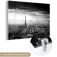 MuchoWow Glasschilderij 30x20 cm - Schilderij acrylglas - Parijs - Skyline - Eiffeltoren - Stad - Wolken - Foto op glas - Muurdecoratie woonkamer - Wanddecoratie slaapkamer - Schilderijen