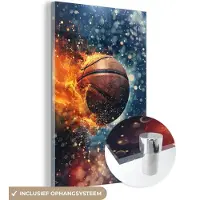 MuchoWow Glasschilderij 100x150 cm - Schilderij acrylglas - Basketbal - Vuur - Sport - Blauw - Oranje - Foto op glas - Muurdecoratie woonkamer - Wanddecoratie slaapkamer - Schilderijen