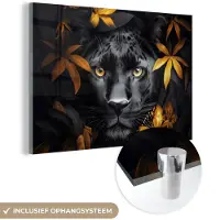 MuchoWow Glasschilderij 150x100 cm - Schilderij acrylglas - Zwarte panter - Bloemen - Goud - Natuur - Katachtige - Foto op glas - Muurdecoratie woonkamer - Wanddecoratie slaapkamer - Schilderijen