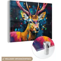 MuchoWow Glasschilderij 40x30 cm - Schilderij acrylglas - Graffiti - Hert - Dier - Kleurrijk - Foto op glas - Muurdecoratie woonkamer - Wanddecoratie slaapkamer - Schilderijen