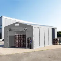 TOOLPORT Opslagtent 8x12m met ophijsbare deur en dakvensters - 3,6m zijwandhoogte, PVC 850, met grondframe, grijs, met statica - bodem beton