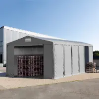 TOOLPORT Opslagtent 8x12m met ritssluitingen en dakvensters - 3,6m zijwandhoogte, PVC 850, met grondframe, grijs, zonder statica (zekerheidspluspakket)