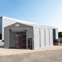 TOOLPORT Opslagtent 8x12m met ophijsbare deur - 4,0m zijwandhoogte, PVC 850, met grondframe, grijs, zonder statica (zekerheidspluspakket)