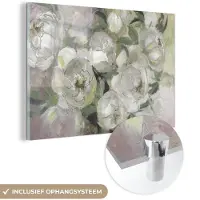 MuchoWow Glasschilderij 180x120 cm - Schilderij acrylglas - Bloemen - Planten - Bladeren - Wit - Foto op glas - Muurdecoratie woonkamer - Wanddecoratie slaapkamer - Schilderijen