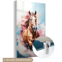 MuchoWow Glasschilderij 120x180 cm - Schilderij acrylglas - Paard - Meisjes - Blauw - Roze - Foto op glas - Muurdecoratie woonkamer - Wanddecoratie slaapkamer - Schilderijen