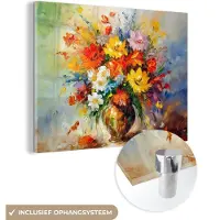 MuchoWow Glasschilderij 160x120 cm - Schilderij acrylglas - Bloemen - Kleurrijk - Olieverf - Bloempot - Foto op glas - Muurdecoratie woonkamer - Wanddecoratie slaapkamer - Schilderijen