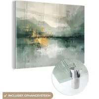 MuchoWow Glasschilderij 160x120 cm - Schilderij acrylglas - Groen - Modern - Abstract - Goud - Foto op glas - Muurdecoratie woonkamer - Wanddecoratie slaapkamer - Schilderijen