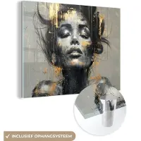 MuchoWow Glasschilderij 160x120 cm - Schilderij acrylglas - Vrouw - Kunst - Goud - Abstract - Glamour - Foto op glas - Muurdecoratie woonkamer - Wanddecoratie slaapkamer - Schilderijen