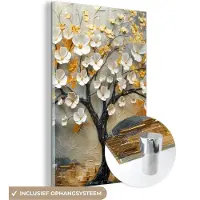 MuchoWow Glasschilderij 120x180 cm - Schilderij acrylglas - Boom - Bloemen - Goud - Beige - Foto op glas - Muurdecoratie woonkamer - Wanddecoratie slaapkamer - Schilderijen