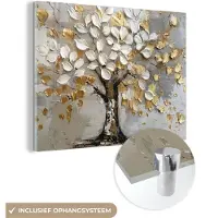 MuchoWow Glasschilderij 160x120 cm - Schilderij acrylglas - Boom - Beige - Grijs - Goud - Abstract - Foto op glas - Muurdecoratie woonkamer - Wanddecoratie slaapkamer - Schilderijen