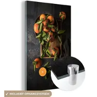MuchoWow Glasschilderij 120x180 cm - Schilderij acrylglas - Sinaasappels - Bladeren - Oranje - Stilleven - Foto op glas - Muurdecoratie woonkamer - Wanddecoratie slaapkamer - Schilderijen