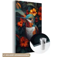 MuchoWow Glasschilderij 120x180 cm - Schilderij acrylglas - Kolibrie - Vogel - Kleurrijk - Oranje bloemen - Foto op glas - Muurdecoratie woonkamer - Wanddecoratie slaapkamer - Schilderijen