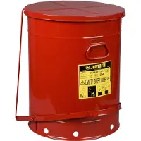 Justrite Container voor olieachtig afval, zelfsluitend deksel, met pedaal, plaatstaal, Ø 460 x H 600 mm, 80 l, rood
