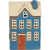 Ib Laursen - keramieken huisje - waxinelichthouder - blauw bruine deur - 27655-13