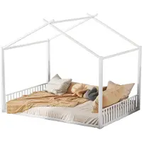 Merax Huisbed 140x200 – Kinderbed in Huisvorm Design – Wit met Metalen Frame en Lattenbodem
