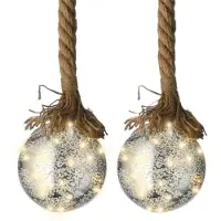 Lumineo Verlichte kerstballen - 2x - glas - aan touw - D10 cm - zilver - 15 led lampjes - warm wit