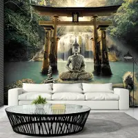 Karo-art 441cm X 315cm - Zelfklevend fotobehang - Boeddha voor een Waterval, premium print, 8 maten, geen lijm nodig, instructie bijgesloten, water- en UV bestendig