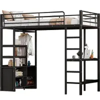Merax Hochbett, 90*200cm , Ohne Matratze, Bett mit Schreibtisch, Mit Steckdose und USB, Mehrere Regale, Offener Lagerschrank, Geländer, Leiter, Eisenrahmen, Schwarz