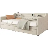 Merax Daybed 90 x 200 cm - Stijlvol Slaapbankje met Lattenbodem - LED Sfeerverlichting en USB-oplader - Inclusief Twee Opberglades – Beige (Zonder Matras)