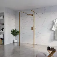 FortiFura Galeria Vrijstaande Inloopdouche - 90x200cm - Helder - antikalk - 8mm veiligheidsglas - 2 zijwanden 30cm - wandsteunen en hoekprofielen - Geborsteld koper PVD (Koper) SW927772