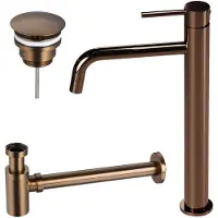 FortiFura Calvi Slim Wastafelkraanset - verhoogde wastafelkraan - always open plug - verlaagde design sifon - Geborsteld koper PVD (Koper) SW799403/SW970030/SW799405