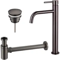 FortiFura Calvi Slim Wastafelkraanset - verhoogde wastafelkraan - klikwaste plug - verlaagde design sifon - Geborsteld Gunmetal PVD SW766539/SW767288/SW767295