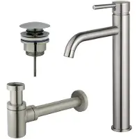 FortiFura Calvi Wastafelkraanset - verhoogde wastafelkraan - klikwaste plug - verlaagde design sifon - Geborsteld RVS PVD (RVS) SW377857/SW696201/SW696217