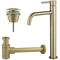 FortiFura Calvi Slim Wastafelkraanset - verhoogde wastafelkraan - klikwaste plug - verlaagde design sifon - Geborsteld Messing PVD (Goud) SW720546/SW696202/SW696218