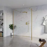 FortiFura Galeria Vrijstaande Inloopdouche - 140x200cm - Helder - antikalk - 8mm veiligheidsglas - 2 zijwanden 30cm - wandsteunen en hoekprofielen - Geborsteld Messing PVD (Goud) SW927770