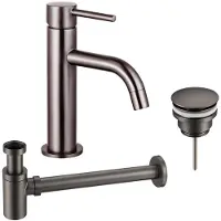 FortiFura Calvi Slim Wastafelkraanset - lage wastafelkraan - klikwaste plug - verlaagde design sifon - Geborsteld Gunmetal PVD SW766538/SW767288/SW767295