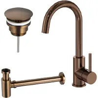 FortiFura Calvi Wastafelkraanset - hoge wastafelkraan - draaibare uitloop - always open plug - verlaagde design sifon - Geborsteld koper PVD (Koper) SW799403 / SW799405 / SW970035