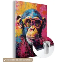 MuchoWow Glasschilderij 90x120 cm - Schilderij acrylglas - Graffiti - Chimpansee - Aap - Bril - Kleurrijk - Foto op glas - Muurdecoratie woonkamer - Wanddecoratie slaapkamer - Schilderijen