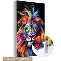 MuchoWow Glasschilderij 80x120 cm - Schilderij acrylglas - Leeuwen - Kleurrijk - Zwart - Dieren - Foto op glas - Muurdecoratie woonkamer - Wanddecoratie slaapkamer - Schilderijen